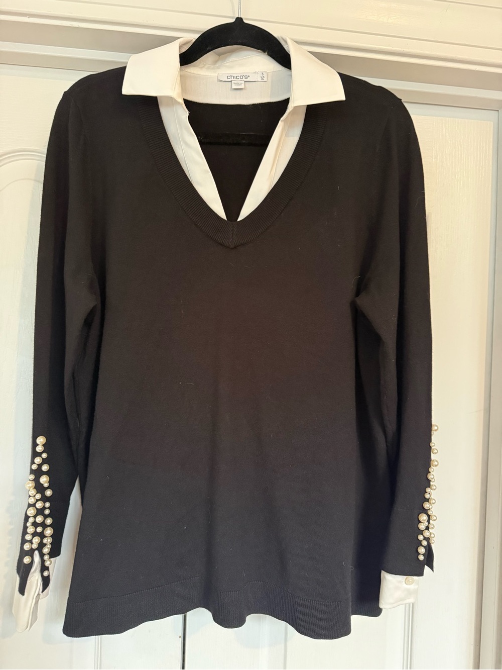 Chico's Black V-Neck Sweater with White Shirt Collar and Pearl Cuff Detail